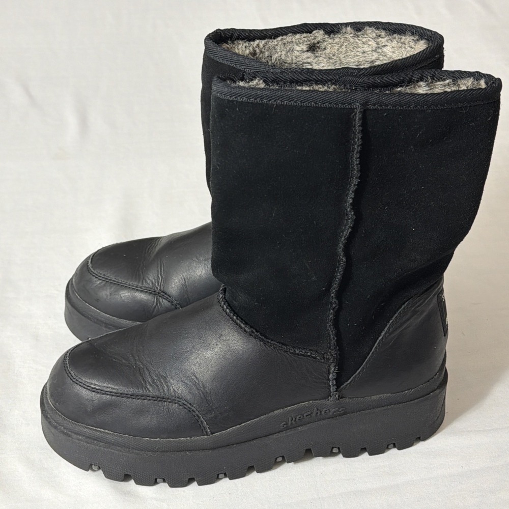 Skechers Outdoor Chunky Boots US 8.5 Black Leather Suede Faux Fur Lined 45253 A+